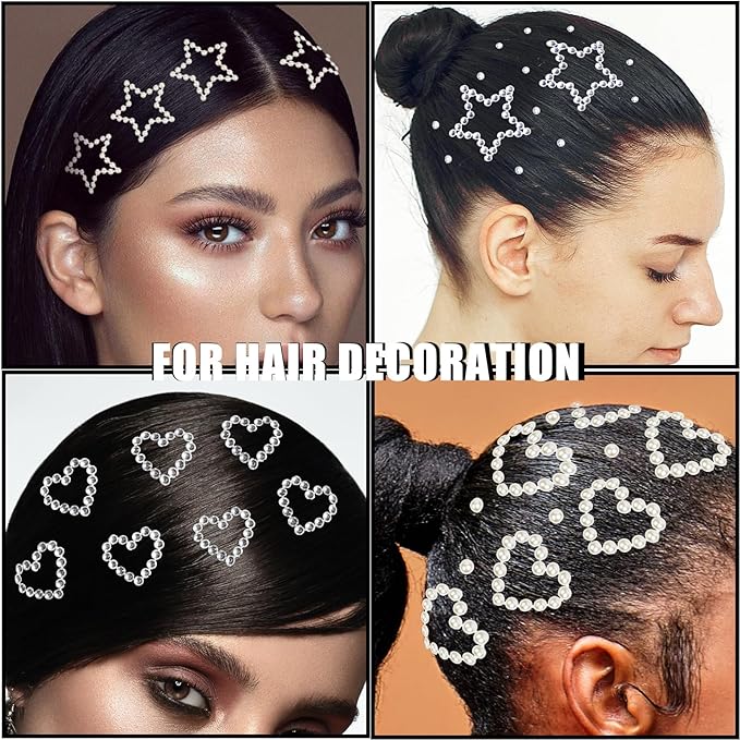 Hair Face Gems Pearls Self Adhesive Heart Star Pearl Rhinestone Stickers, Stick on Rhinestones Gem for Hair, Face Makeup, Body, Crafts, Festival Makeup