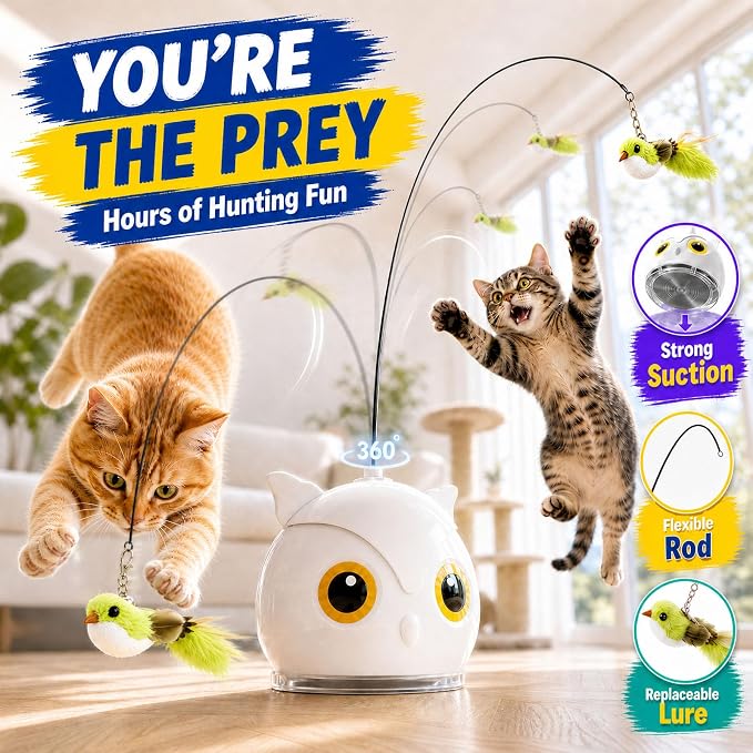 CATPICK Interactive Cat Toy for Indoor Cats, Automatic Flying Bird Toy | Rechargeable 360-degree flying bird wand with 2 speeds, touch restart, 10-minute play cycle, and washable sticky base