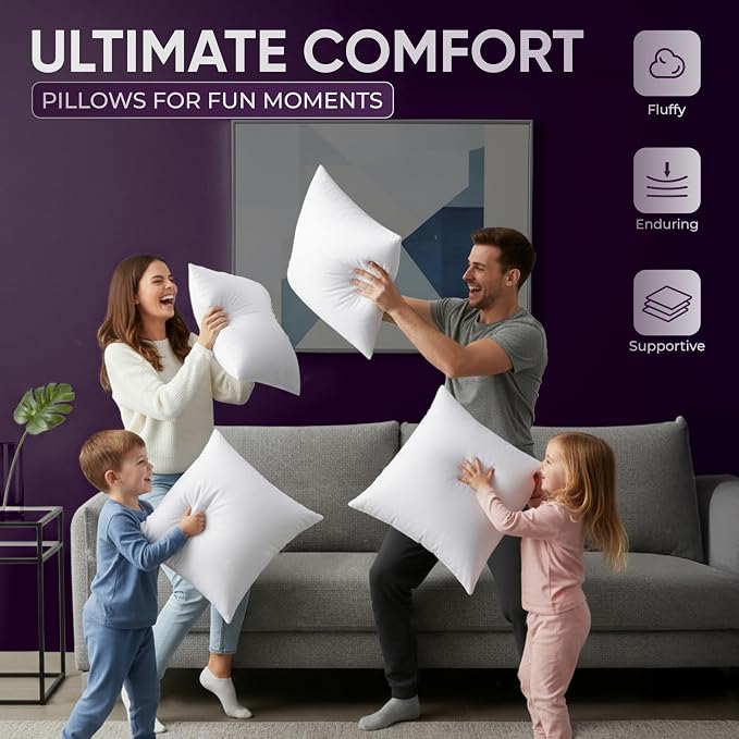 Beddora Throw Pillows (Set of 4, White) 18x18 Pillow Inserts Down Alternative, Throw Pillows for Couch, Bed or Sofa- Fluffy Decorative Stuffer Pillow for Indoors & Outdoors