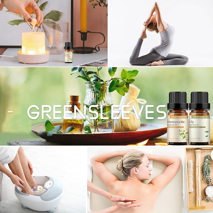 GREENSLEEVES Honeysuckle Lily Essential Oil Set, 2 x 10ml Pure Plant-Based Fragrance Oil for Aromatherapy, Essential Oils for Diffuser, Massage, Bath Bomb, Scented Candle Soap Making