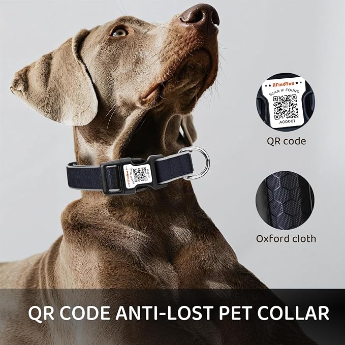 Personalized Dog Collar with QR Code Dog Tag, Oxford Black M | Anti-lost, Oxford, reflective, padded, XS-L(8"-24"), QR buckle shares lost pet profile, location alerts when scanned, No Fees