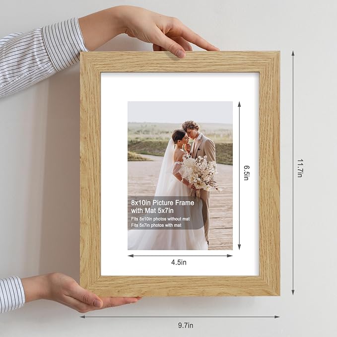 Hongkee 8x10 Picture Frame Set of 4, Made of Real Glass and Natural Oak Wooden Frame, 8 by 10 Photo for Wall or Tabletop - Display Picture 5x7 with Mat or 8x10 Without Mat
