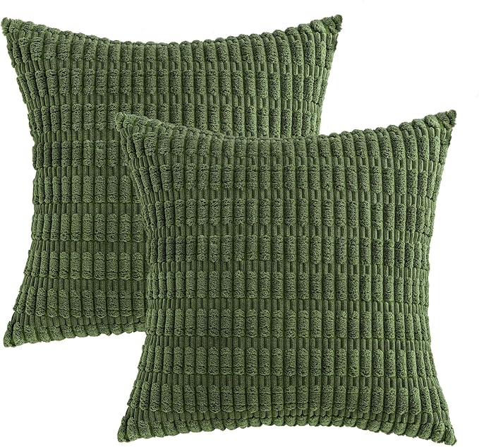 MIULEE Corduroy Decorative Throw Pillow Covers 20x20 Moss Green Pack of 2 | Soft Boho Striped Pillow Covers Modern Farmhouse Home Decor For Sofa Living Room Couch Bed