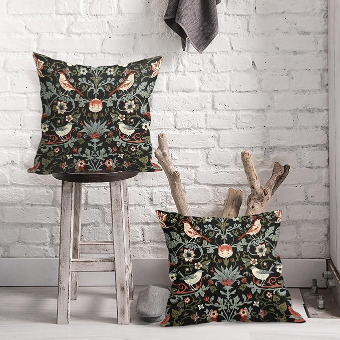 Chinoiserie Floral Bird Colorful Pillow Covers 18X18 in Set of 2 Orange Sage Green Pimpernel Flower Throw Pillow Cases Vintage Art Pillow Modern Home Decor for Couch Patio Sofa Porch