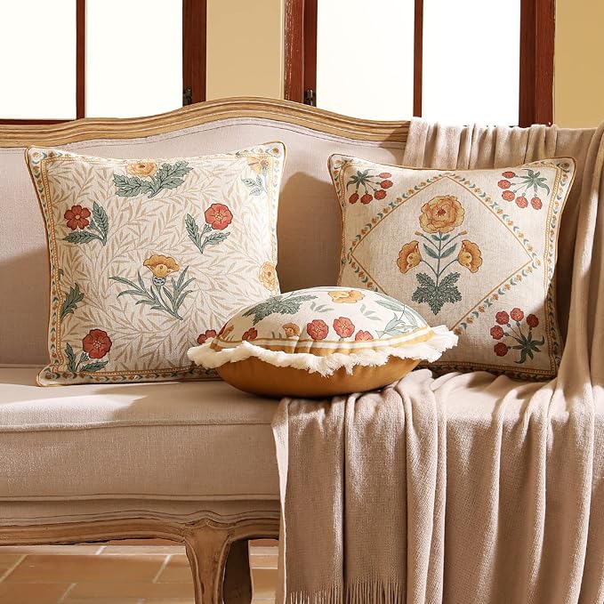 patdrea Vintage Linen Throw Pillow Cover,Diameter 16"-RosaSilvestre E | French Decorative Pillow Case,Yellow Floral Pattern,Cushion Coverfor Couch Living Room Bedroom,Fringe Trim