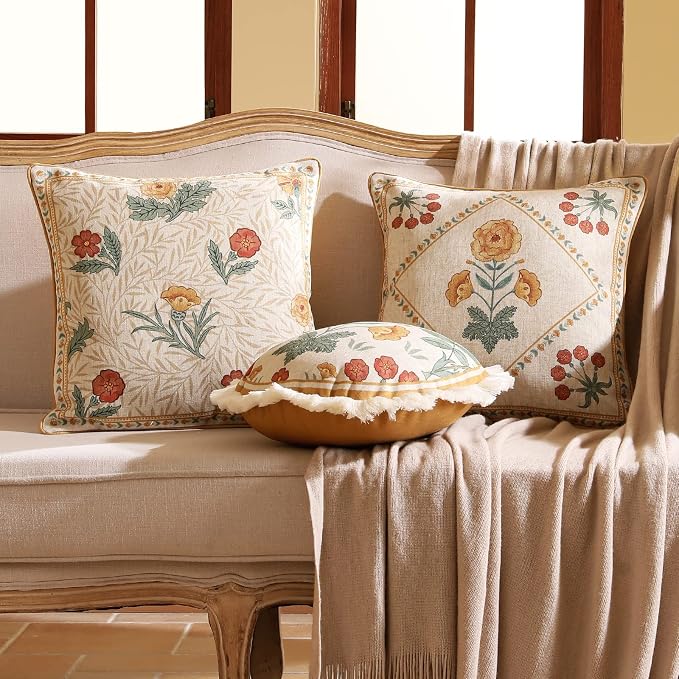 patdrea Vintage Linen Throw Pillow Cover,18"x18",Set of 2-RosaSilvestre A | French Decorative Pillow Case with Zipper,Yellow Floral Pattern,Cushion Coverfor Couch Living Room Bedroom
