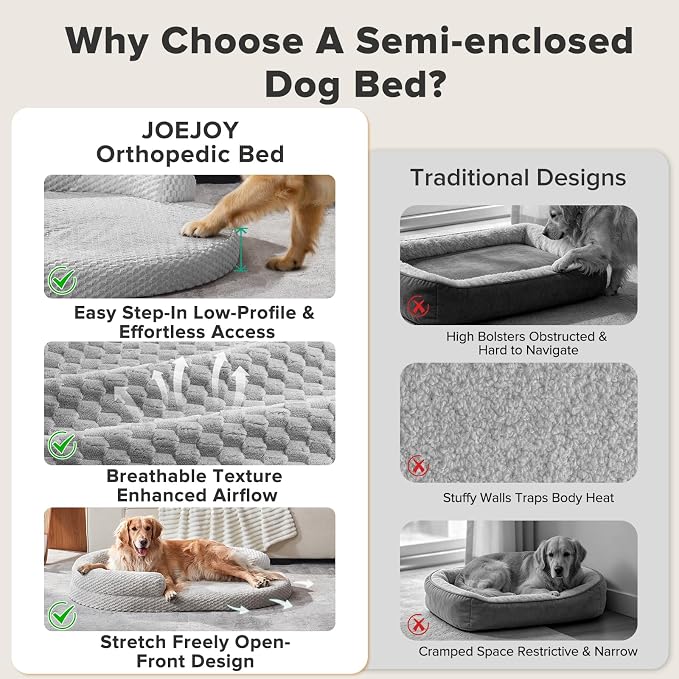 JOEJOY Orthopedic Dog Bed Medium Size Dogs, Waterproof Washable Oval Dog Beds with Removable Cover, Egg-Crate Memory Foam Pet Bed with Bolster Sides & Non-Skid Bottom, Light Grey, 28''x20''