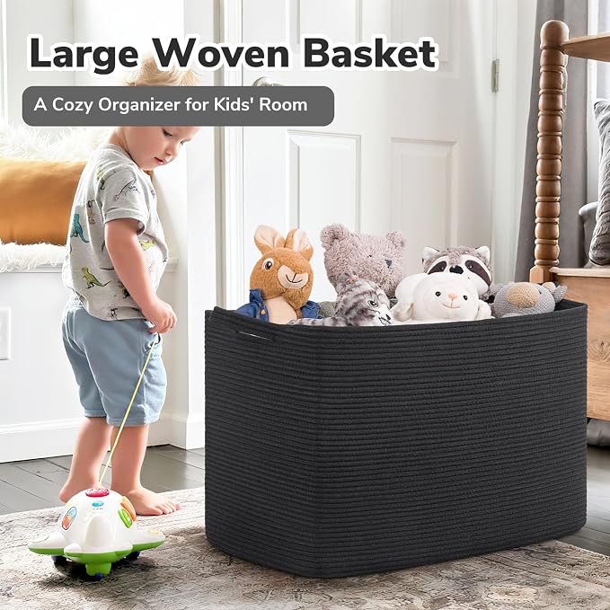 Goodpick 105L Extra Large Woven Rope Blanket Basket, Rectangle, Black | 25'' x 16'' x 16'' Storage Basket for Blankets, Pillows & Clothes, Living Room, Bedroom & Nursery Organization, Handles
