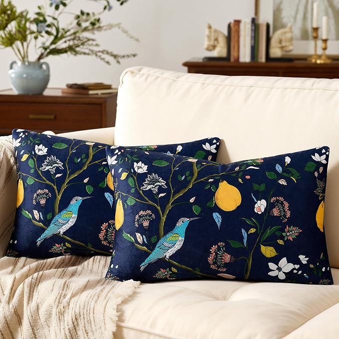 Navy Blue Velvet Floral Decorative 12x20 Lumbar Pillow Covers Set of 2 | Durable and Sturdy,Botanical Printed Pattern,Throw Pillows Case,Rectangle,Colorful Farmhouse,Home Sofa Bed Couch Decor