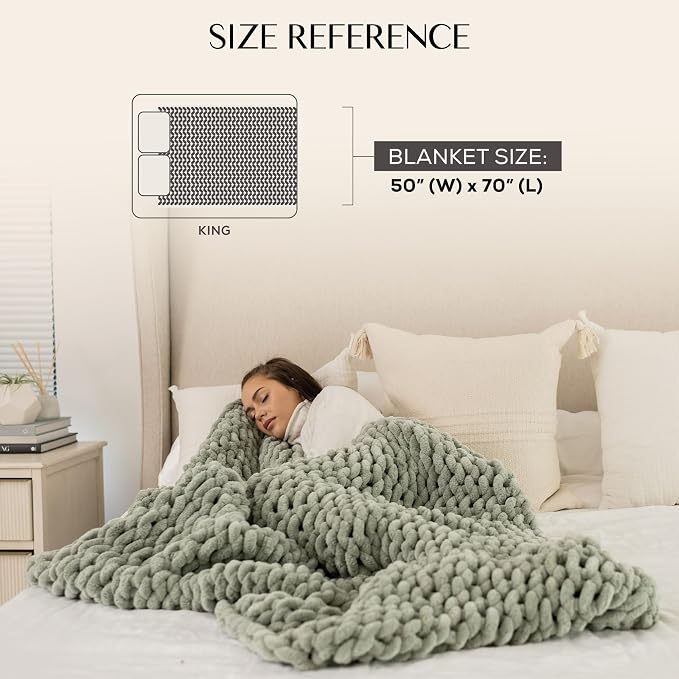 SAMIAH LUXE Chunky Knit Throw Blanket 50x70, Sage Green Chenille Throw Blanket for Couch Bed Sofa, Soft Fluffy Cable Knit Blanket, Oeko-TEX Certified, Machine Washable