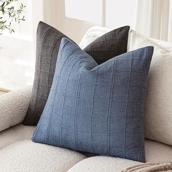 Foindtower Set of 2 Decorative Linen Check Throw Pillow Covers Neutral Farmhouse Vintage Cushion Covers Modern Coastal Boho Home Decor for Sofa Chair Couch Bedroom Living Room,26×26 Inch,Blue