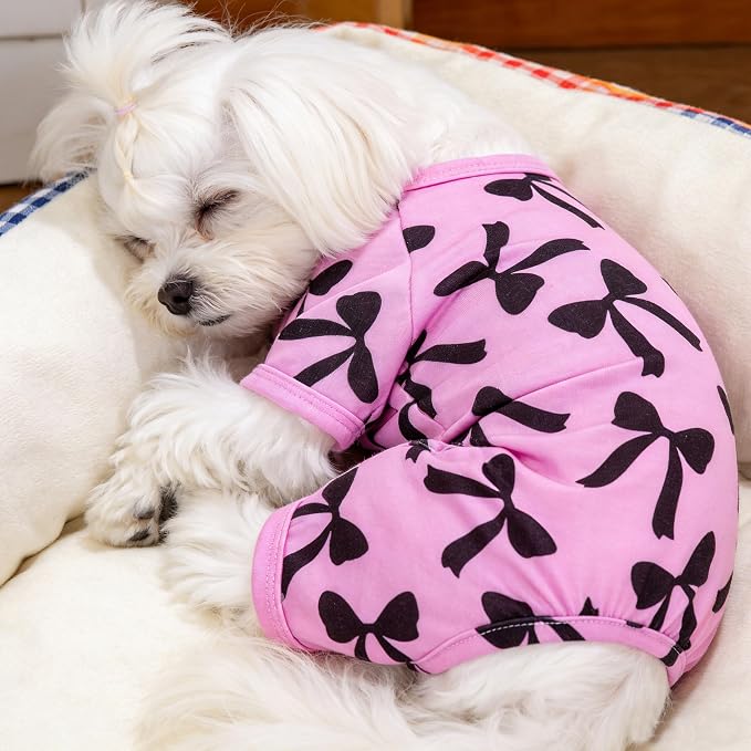 Dog Pajamas Summer Cute Print Puppy Jumpsuit Thin Dog Onesie Small Dog Clothes with Comfy & Elastic Frbic Puppy Pjs(Violet Bowknot,Large)