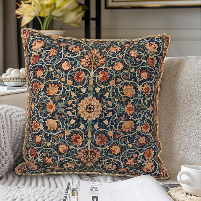 Vintage Floral Soft Velvet Throw Pillow Covers Set of 2 Burnt Orange Navy Flowers Plant Decorative Pillow Covers 18x18 Inch Art Botanical Pillow Case For Sofa Couch Outdoor Farmhouse Home Decor