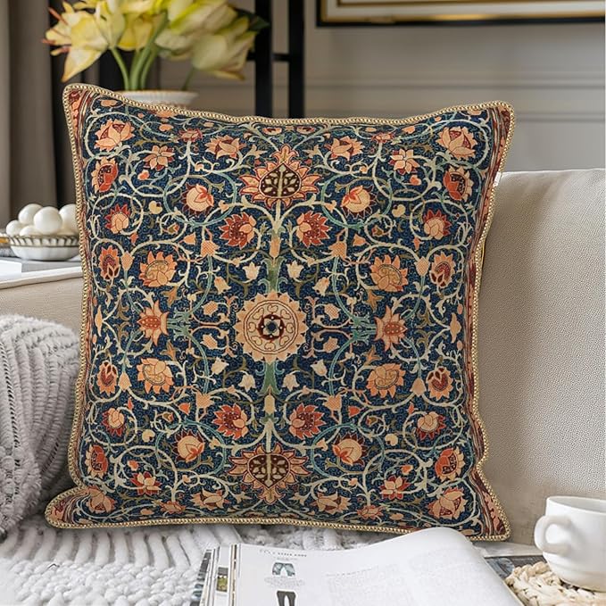 Vintage Floral Soft Velvet Throw Pillow Covers Set of 2 Burnt Orange Navy Flowers Plant Decorative Pillow Covers 16x16 Inch Art Botanical Pillow Case For Sofa Couch Outdoor Farmhouse Home Decor