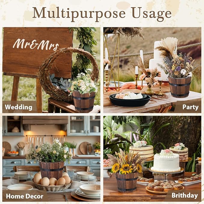 6 Pcs Rustic Wood Whiskey Barrel Planter with Removable Plastic Liners & Floral Foam Blocks, Farmhouse Decor for Wedding Table, Home, Garden, Kitchen & Party Centerpieces (Classic)