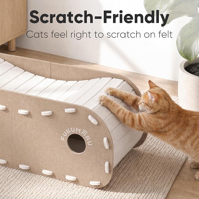 FUKUMARU Cat Bed Cave Tunnel, 31.5 Inch, Cat House Condo Indoor, Beige | Extra Long Design, For Multiple & Large Cats, Felt Material, Fluffy Ball Included, Scratch Resistant