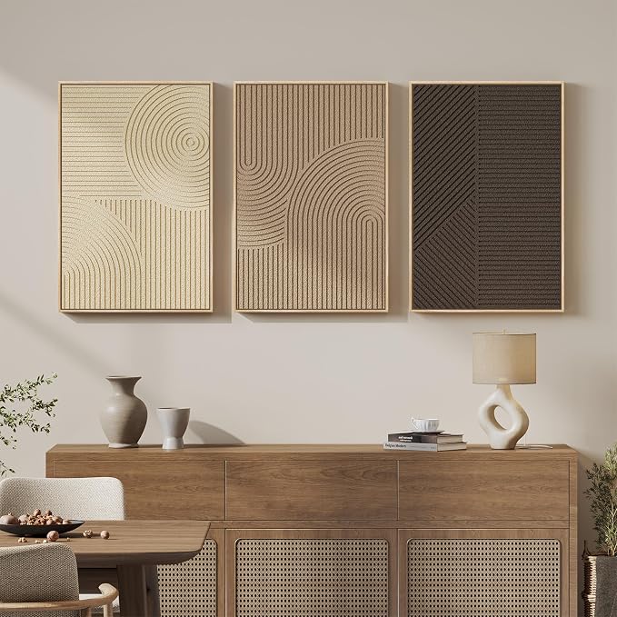 Large 3D Textured Framed Boho Neutral Wall Art for Living Room, 3 Piece Modern Minimalist Texture Paintings Artwork for Walls, Brown Beige Tan Geometric Pictures for Hallway Office Wall Decor 20x30 In