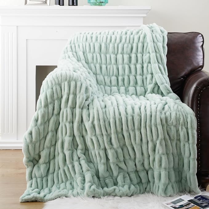 BATTILO Super Soft Faux Fur Throw Blanket for Couch, 60"x80", Sage Green | Sage GreenThrow Blanket, Double Side Cozy Warm Soft Minky Bubble Blanket For Bed, Sofa Living Room