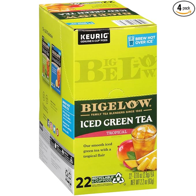 Bigelow Tea Tropical Iced Green Tea Keurig K-Cup Pods, Caffeinated Tea Keurig Tea Pods, 22 Count Box (Pack of 4), 88 Total K-Cup Pods