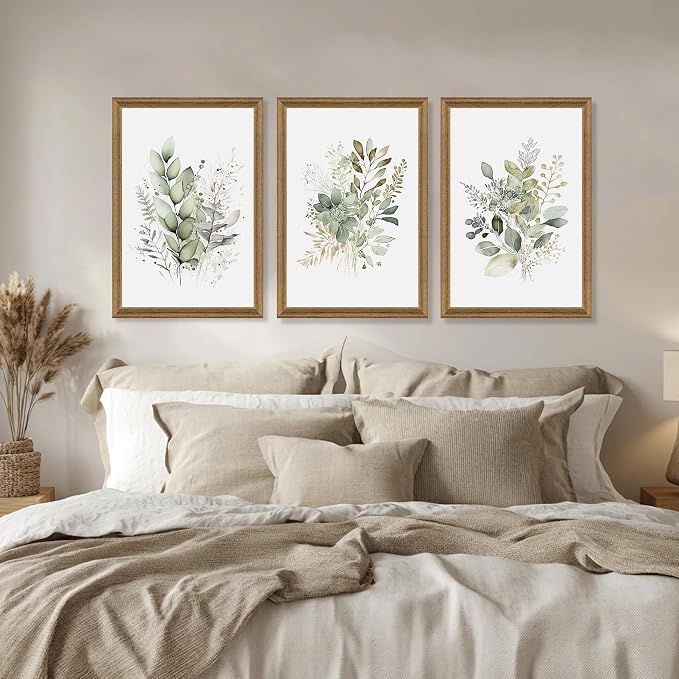 WRFON Framed Sage Green Botanical Wall Art Set of 3, Watercolor Eucalyptus & Wild Plant Canvas Prints, Minimalist Green Wall Decor for Living Room Bedroom Bathroom, 20x30 Inches