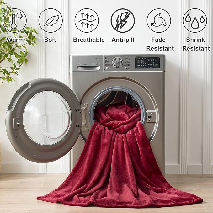 Hansleep Queen Burgundy Red Fleece Blanket, Soft Flannel Bed Blanket | Fuzzy Cozy Blanket 90x90 Inches, Multi-use for Bed, Sofa, Couch, Travel, Camping, All Season Warm Lightweight Cover