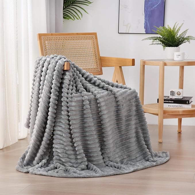 Grey Fleece Throw Blanket 50”×60” for Couch Sofa Livingroom | Super Soft Cozy Plush Microfiber Flannel Bed Blanket Striped Design Lightweight Home Decor Gifts for Adults Mom Women