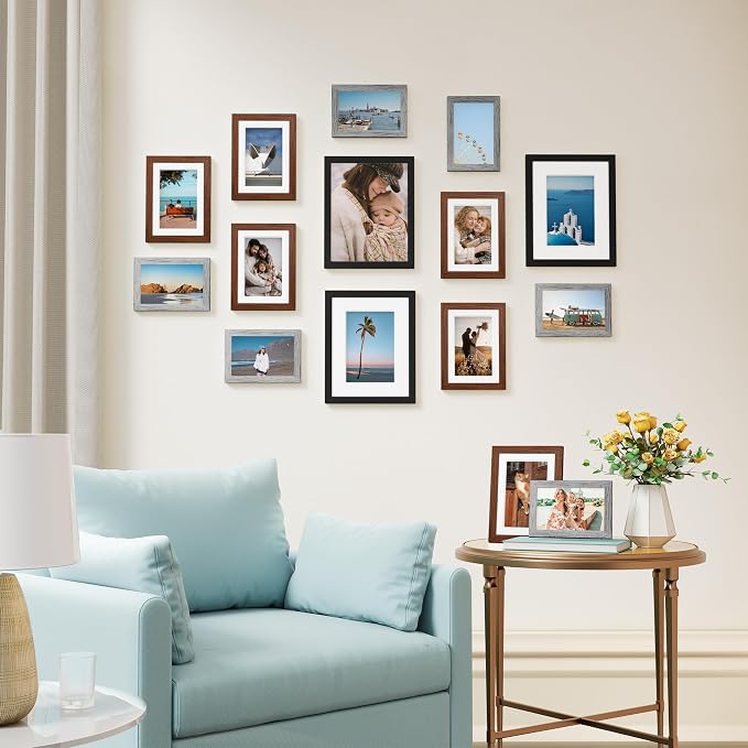 Vittanly 15 Pack Gallery Wall Frame Set, Black, Walnut Brown, Grey | Picture Frames Collage Wall Decor: 3pcs 8x10, 6pcs 5x7, 6pcs 4x6. Picture Frame Set for Wall or Tabletop Display