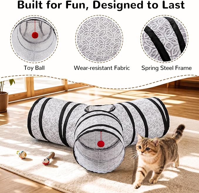 Tempcore Cat Tunnel, 3-Way Collapsible Toy for Indoor Cats, Grey Coin