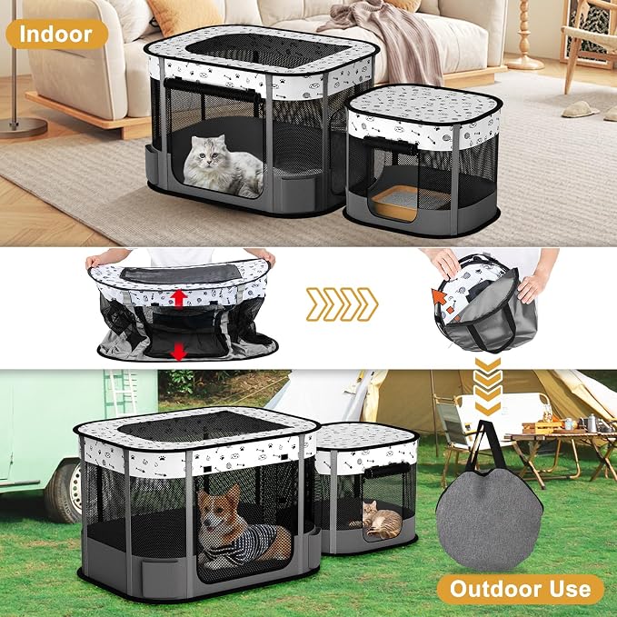 Portable Cat Playpen, 8-Rod Reinforced Kitten Dog Puppy Playpens, Foldable Play Pen for Indoor Cats Enclosed Pet Kitty Doggy Outdoor, Collapsible Tent Kennel Cage Corral