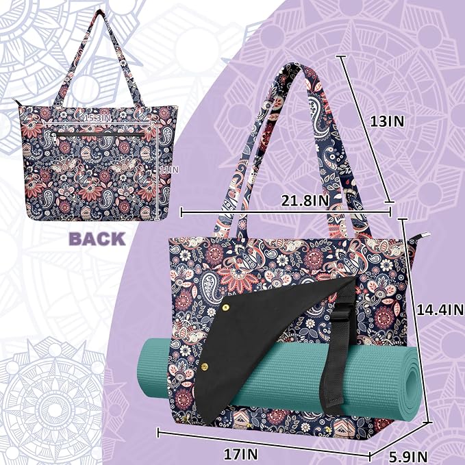 Yoga Bag for Women, Large Canvas Yoga Mat Tote Bag with Yoga Mat Carrier - Large Mat Pocket Fitness Tote for Pilates, Gym, Travel, Office & Beach
