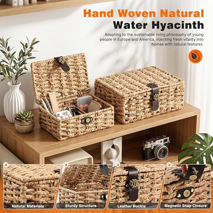 Water Hyacinth Wicker Storage Baskets with Magnetic Lids, Set of 2 | 2-Piece handwoven water hyacinth boxes with magnetic lids and metal frames for shelves, coffee tables, and consoles