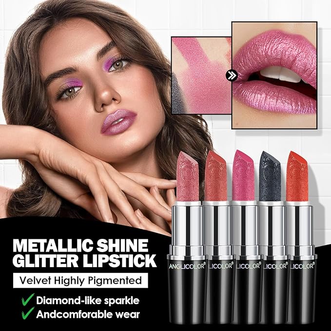 Anglicolor Glitter Coral Lipstick,High Impact Lipcolor,Lightweight Hydrating Formula Smooth and Non-Sticky,Metallic Orange Lipstick For Women,Full-Coverage Lip Color(14 SUNRISE AT SEA, 4g)