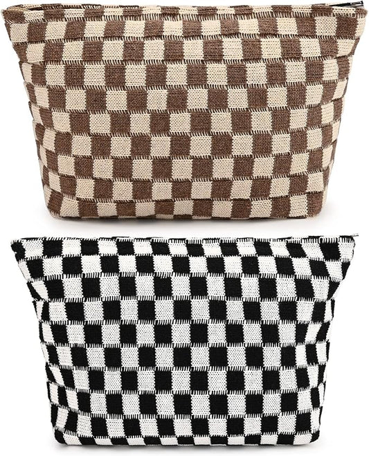 SOIDRAM 2 Pieces Makeup Bag Large Checkered Cosmetic Bag Capacity Canvas Travel Toiletry Bag Organizer Cute Makeup Brushes Aesthetic Accessories Storage Bag for Women, Checkered L Black Brown