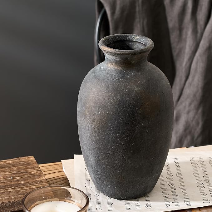 PORCER Ceramic Rustic Flower Vase, 8.38 Inch Vintage Pottery Home Decor, Farmhouse Terracotta Vase for Living Room, Table, Shelf, Mantel Decoration, Farmhouse - Black Bronze