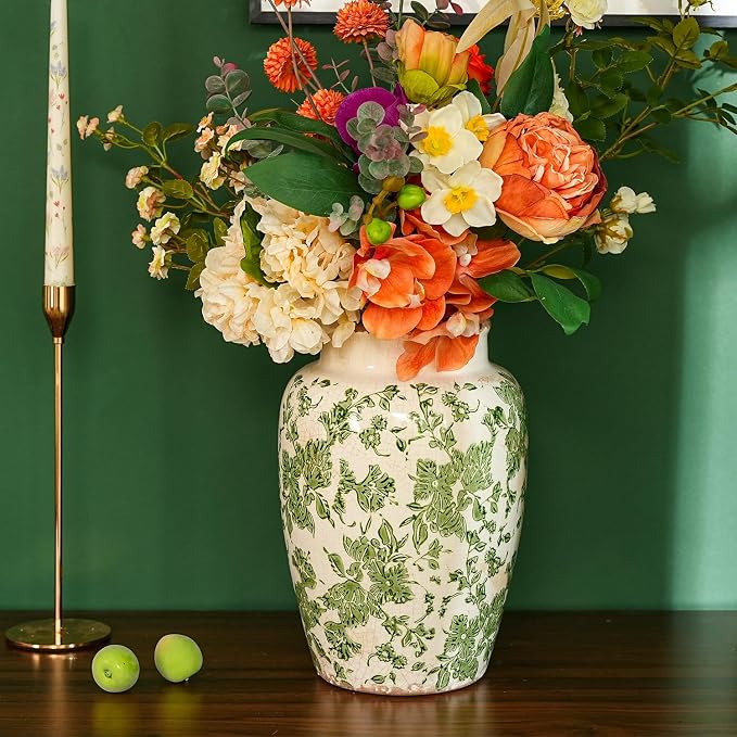 Sungmor Ceramic Flower Vase, Vintage Green Ice Cracked Glaze Porcelain Vase | Pretty Home Decor Vase for Flower Arrangement, Fresh Flowers, 10.2 Inch Tall Chinoiserie Pottery Vase, Green Floral Pattern