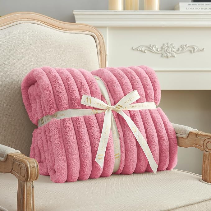 Faux Fur Throw Blanket for Couch, Cozy Fuzzy Fluffy Fur Luxurious Soft Striped Plush Gift Blankets for Family Sofa Chair Bedroom, 55"x70", Pink