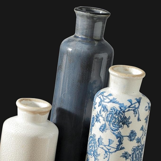 ooit Ceramic Vintage Vases Set of 3, Blue and White Flower Decorative Vase Chinoiserie Decor Rustic Farmhouse Retro Floral Vases for Table Bookshelf Mantel Kitchen Living Room Office