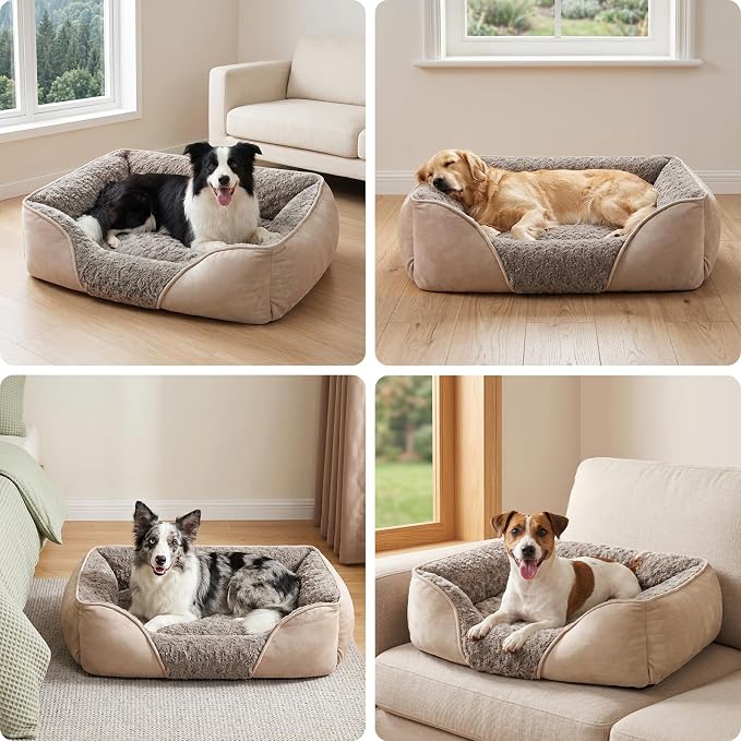 Medium Dog Bed for Large, Small Dogs - Rectangle, Washable, Orthopedic, Soft, Calming, Durable Pet Cuddler with Anti-Slip Bottom (M: 25"x21"x8")