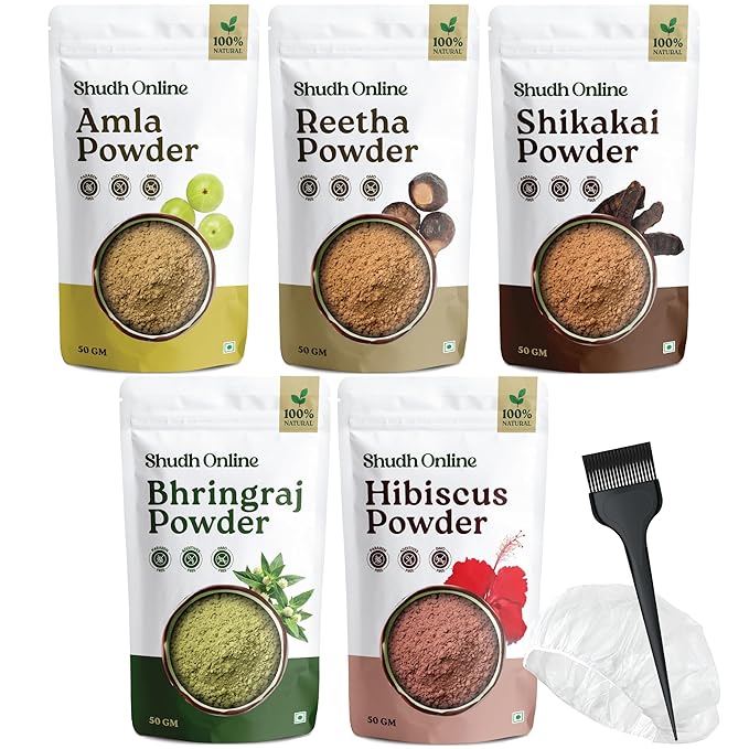 Shudh Online Herbal Hair Mask Powder Combo, Indian Ayurvedic Herbal Powder for Hair Growth (8.8oz, 250g), Bhringraj, Hibiscus, Shikakai, Reetha, Amla Shampoo (1.76oz each)