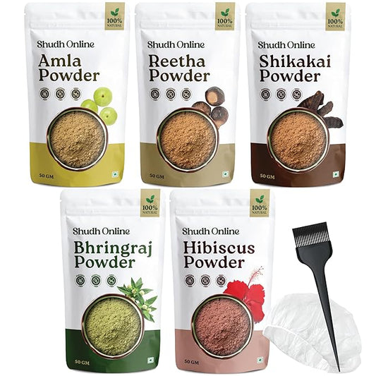 Shudh Online Herbal Hair Mask Powder Combo, Indian Ayurvedic Herbal Powder for Hair Growth (8.8oz, 250g), Bhringraj, Hibiscus, Shikakai, Reetha, Amla Shampoo (1.76oz each)