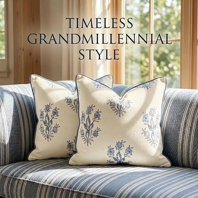“The Mary” Blue and White Decorative Throw Pillow Cover – Floral Block Print Pillow Cover – Grandmillennial Home Decor, 19" x 19"