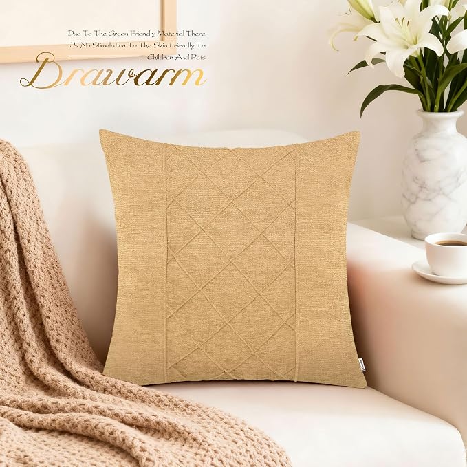 BRAWARM Chenille Throw Pillow Covers 16x16 Inches, Gold, 2 Pack | Decorative Pleated Pillow Covers, Soft Cushion Cases for Sofa Bed Living Room Home Farmhouse (No Insert)
