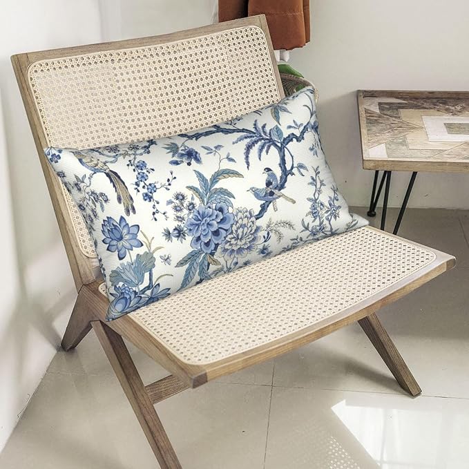 Chinoiserie Floral Bird Pillow Covers 12x20 Set of 2 Blue Chinoiserie Flowers Decorative Pillow Cases Outdoor Blue and Cream Throw Pillows Farmhouse Linen Cushion Cases for Couch Home Decor