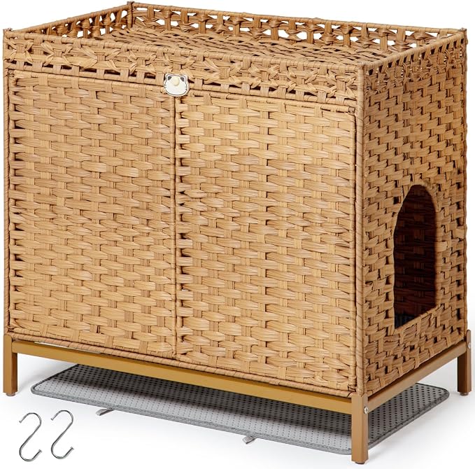 SETVSON Cat Litter Box Enclosure Furniture, Rattan PE Kitty House, Natural | Handwoven PE Rattan with 2 Soft Mats, Heightened Metal Feet, 2 S-Hooks, 30.3 x 18.3 x 28 In Spacious Interior Kitty Cabinet