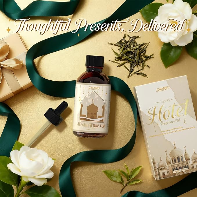SALUBRITO Hotel Essential Oil, W-Hotel White Tea Fragrance Oil - Inspired by 5 Star Hotel, 4 Fl.Oz (120ml), Luxury Gift for Women, Men, Strong Scented Oil for Diffuser, Candle & Soap Making