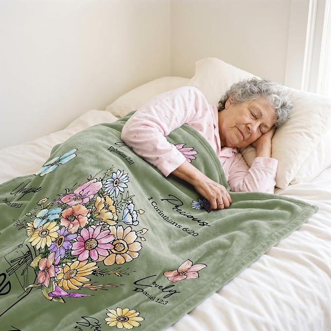 Christian Gifts for Women, Christian Birthday Blanket with Flowers | Religious Christmas Spiritual Baptism Gifts for Grandma Nana Mom Female Friend Sister, Throw Blankets 80''x 60'', Sage Green