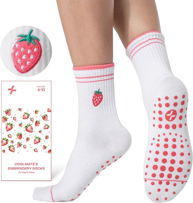 COOLMATE Pilates Socks with Grips for Women, Yoga Socks, Crew Non Slip Women for Barre, Pilates Gifts for Women