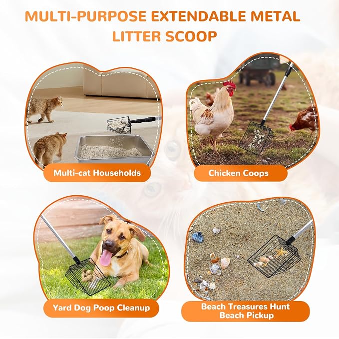 Metal Cat Litter Scoop with Holder, 43" Extendable Long Handle Cat Scooper for Litter Box, Solid & Durable, Deep Shovel for Fast Sifting, Large Pet Pooper Scooper for Kitty/Outside Dog Poop