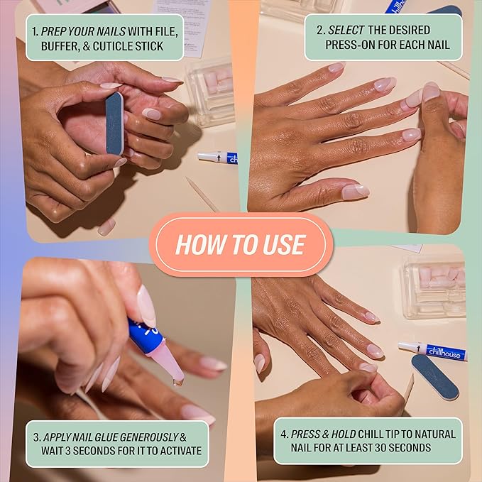 Chillhouse - Chill Tips, Press on Nails Kit - Raise a Glass (Oval) - 30 Nail Shapes & Sizes - Up to 2 Weeks of Wear - Customizable Fit - Reusable - Latina Founded & Women Owned - Beauty & Self Care