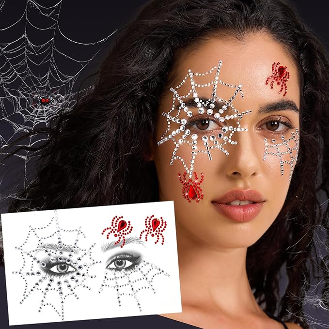 YGDZ Face Gems Stick On, Halloween Face Jewels, Spider Web Silver, Black, Red Face Gems for Halloween Face Makeup, Face Hair Rhinestones Stickers for Women, Kids